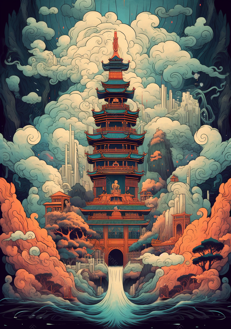 中国风国潮霸气古典古迹岳阳楼高山流水,插画/手绘图,插画/手绘图库,插画/手绘图下载,插画/手绘